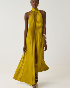 Citrine Yellow Pleated Halter Maxi Dress