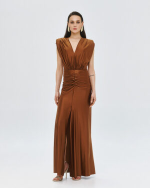 Chocolate Silk Jersey Ruched Maxidress with Structured Shoulder