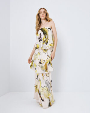 White Tiered Printed Bustier Maxi Dress