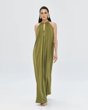 Olive Maxi Halter Dress with Metallic Details