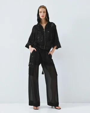 Black Semi-Sheer Cargo Trousers with Sequin Embellishment