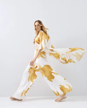White & Saffron Yellow Printed Wide-leg Trousers