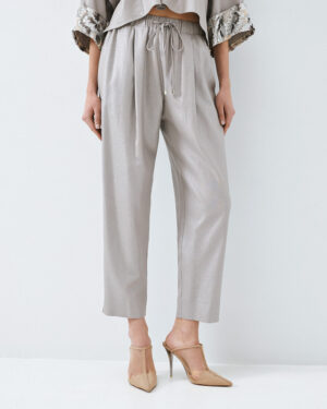Oyster Grey Metallic Linen-Mix Jogger-Style Ankle-Grazer Trouser