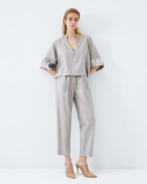 Oyster Grey Metallic 3/4 Sleeve Top with Embellished Cuff