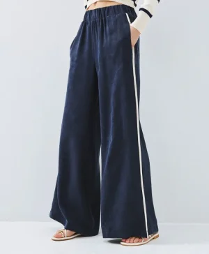 Navy Wide-Leg Trousers with White Side Piping