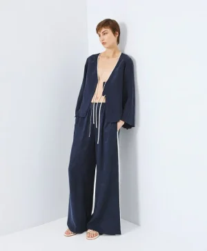 Navy Shacket with Front Ties & White Piping