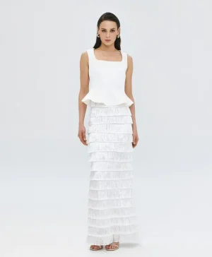 White Fringe-Tiered Maxi Skirt