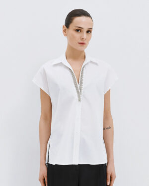 White Short-Sleeved Shirt with V-Neckline & Silver Bead Embellishment