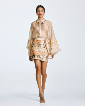 Oyster Nude Semi-Sheer Shirt with Embellishment and Ruffled Sleeve