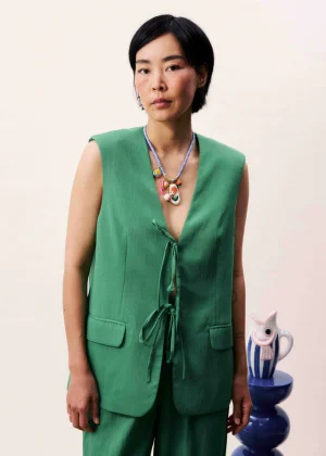 Green Longline Waistcoat with Front Ties