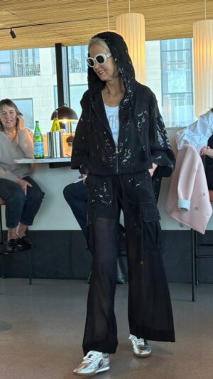 Black Sheer Bomber Jacket with Sequin Embellishment & Hood
