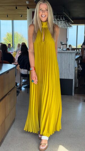 Citrine Yellow Pleated Halter Maxi Dress