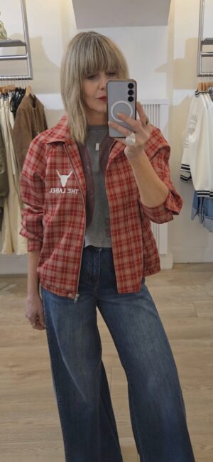 Cherry Red Check Bomber Jacket with Slogan on the Back 'Club of ALIX'