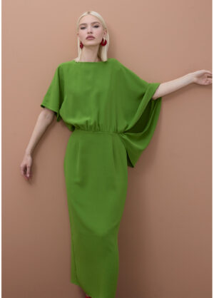 Green Crepe Dress with Asymmetric Sleeve