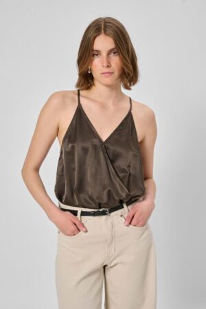 Mink Brown Silky Wrap-Effect Bodysuit
