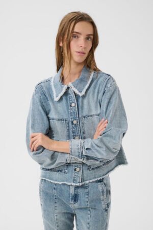 Denim Vintage Wash Jacket with Frayed Collar & Over-Sized Patch Pockets