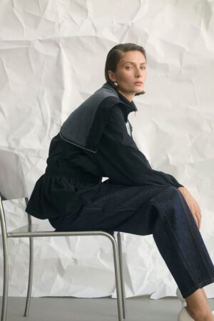 Black Track Jacket with Gathered Waist and Zipped Cape/Hood