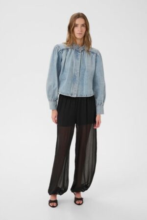 Denim Vintage Wash Shirt with Grandad Collar and Shoulderpad