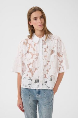 White Short-Sleeved Semi-Sheer Shirt with Applique Flowers
