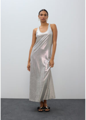 Silver Metallic Silk Jersey Maxi Dress