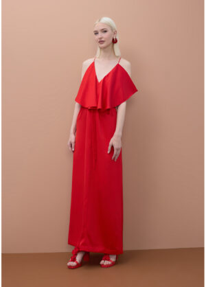 Red Strappy Maxi Dress with Front Ruffle