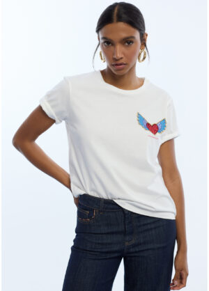 White Cotton T-Shirt with Heart Patch & Embellishment