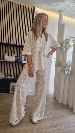 Vanilla Lace Knit Trousers with Satin Side Stripe & Micro Diamonte