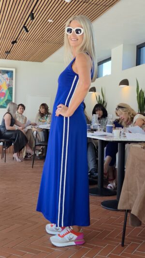 Blue Cobalt Jersey Maxi Dress with Sipe Stripe and Front Embellishment
