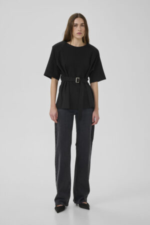 Black T-Shirt With Fabric Belt & Shoulderpad