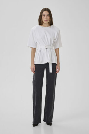 White T-Shirt With Fabric Belt & Shoulderpad