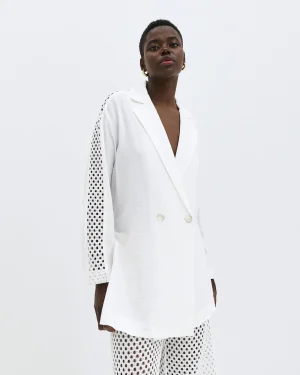 White Over-Sized Blazer-Style Shacket with Crochet Inserts