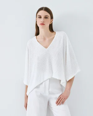 White Sequin Draped V-Neck Top