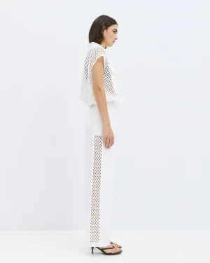 White High-Waisted Trousers with Crochet Side Stripe