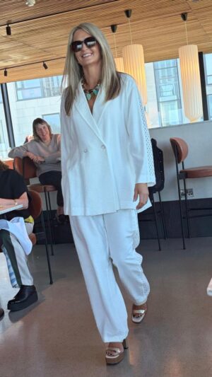 White Over-Sized Blazer-Style Shacket with Crochet Inserts