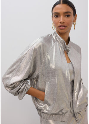 Silver Metallic Silk Jersey Bomber Jacket