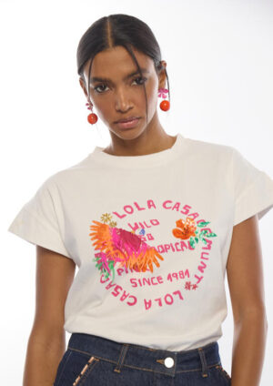 White T-Shirt with Feather & Sequin Embellished Parrot Print