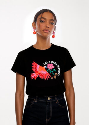 Black T-Shirt with Coral Feather-Embellished Parrot