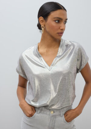 Grey Metallic Silk Jersey T-Shirt with V-Neck