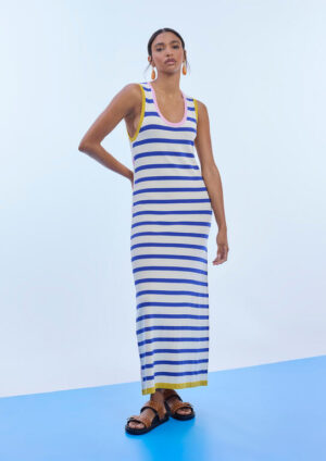 Blue, pink & White Striped Fineknit Maxi Slip Dress with Contrasting Ribbing