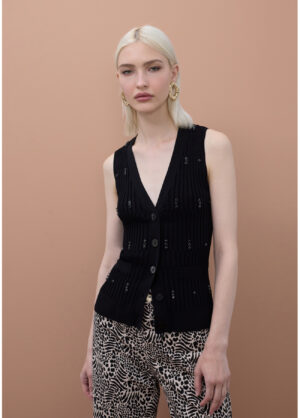 Black Ribbed Knit Sleeveless Cardigan Top with Black Jewel Embellishment