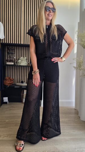 Black Crochet Funnel-Neck Top with Patch Pockets