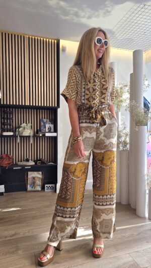 Gold & Tan Patchwork Print Silky Jumpsuit