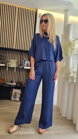 Navy Silky Wide-Leg Trousers