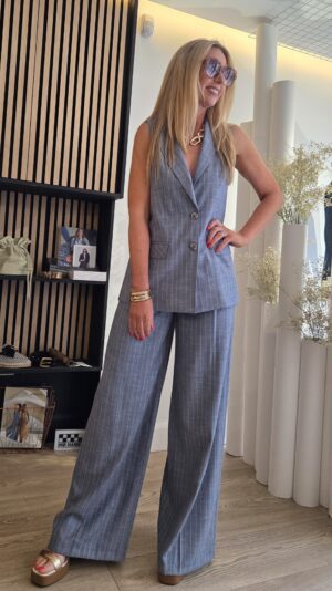 Blue/Grey Pinstripe Tailored Longline Waistcoat