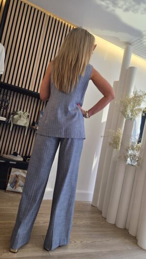 Blue/Grey Pinstripe Tailored Wide-Leg Trousers