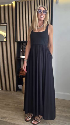 Black Strappy Jersey Maxi Dress with Pockets