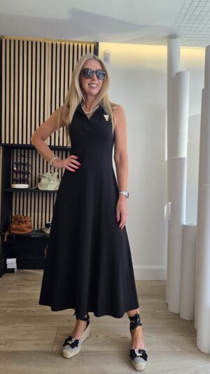 Black Neoprene Midi Dress with Collar & Brooch