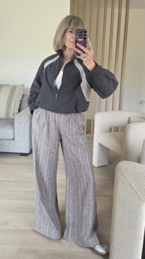 Charcoal Grey Track Jacket with Vanilla Stripe & White Piping