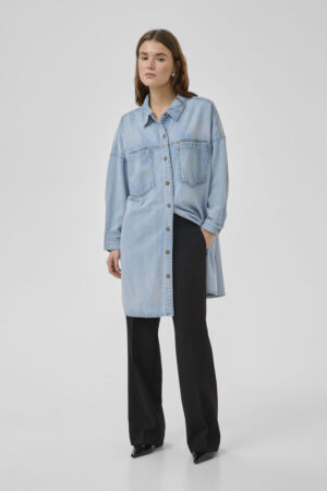 Denim Light Wash Long-Sleeved Shirt Dress