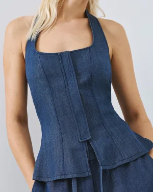 Denim Tencel Halter Top with Peplum